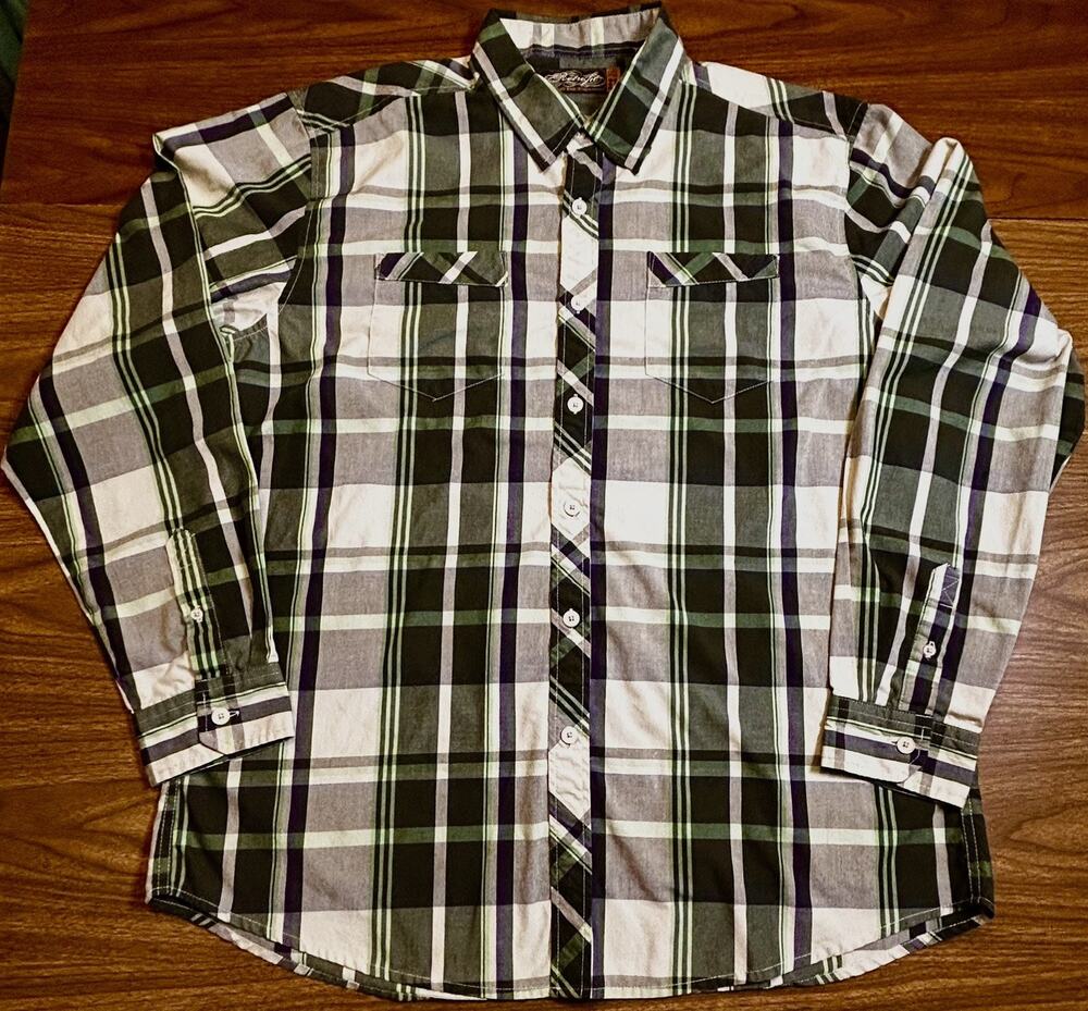 Retrofit Men's XL Handmade Plaid Button-Up Shirt, Green/Purple/Gray